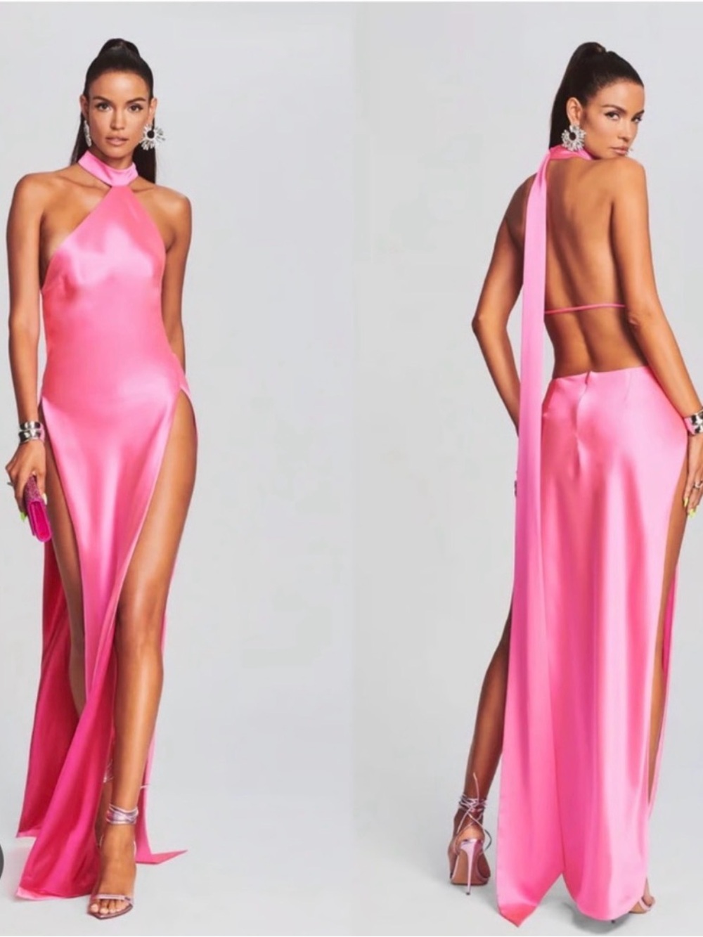 Retrofete Hot Pink Backless Halter Satin Gown
